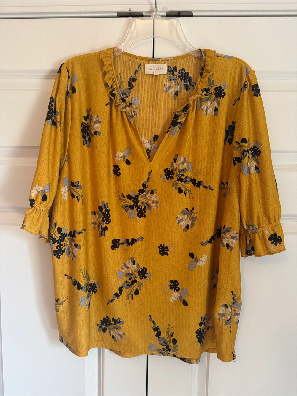 Mustard Floral V-Neck Women's Top - Lightweight Ruffle Detail
